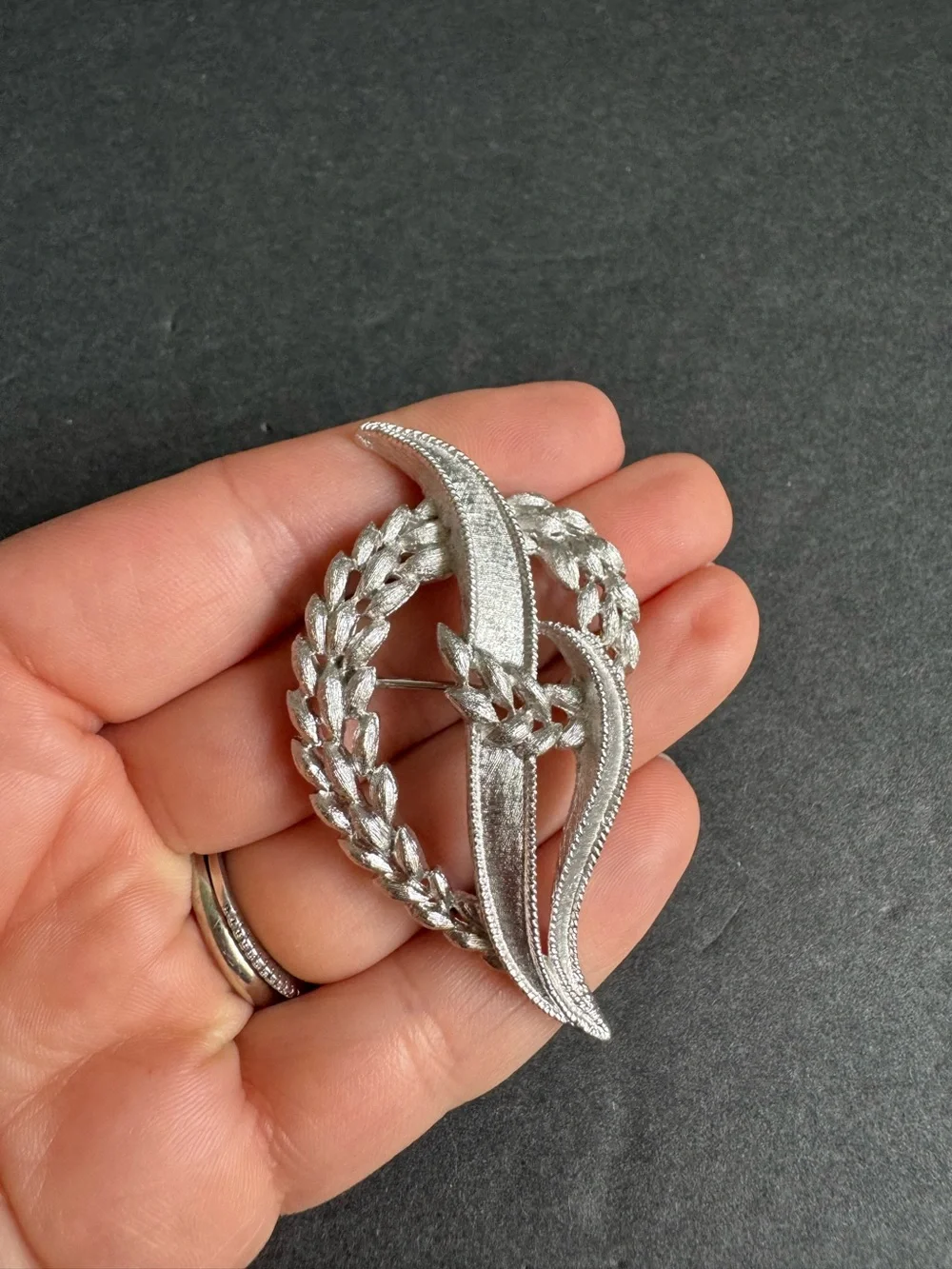 Vintage Trifari Brooch Brushed Silver Pin Wheat Leaf Crest Grandma Jewelry Retro